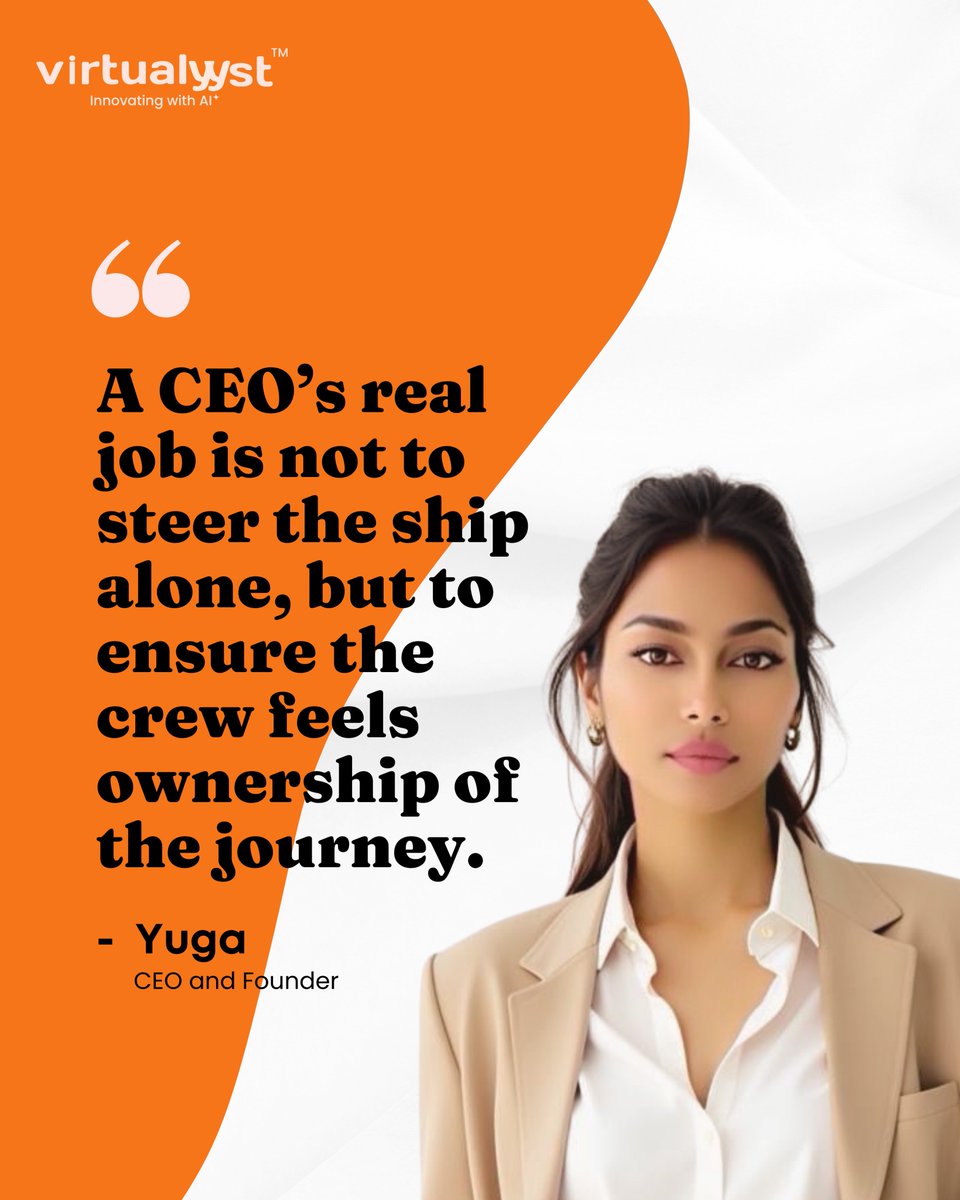 VirtualyystTech's tweet photo. "A CEO’s real job is not to steer the ship alone, but to ensure the crew feels ownership of the journey."
– Yuga, CEO &amp; Founder

#Leadership #Inspiration #Teamwork #GrowthJourney #CEO https://t.co/cWdkiYWPup