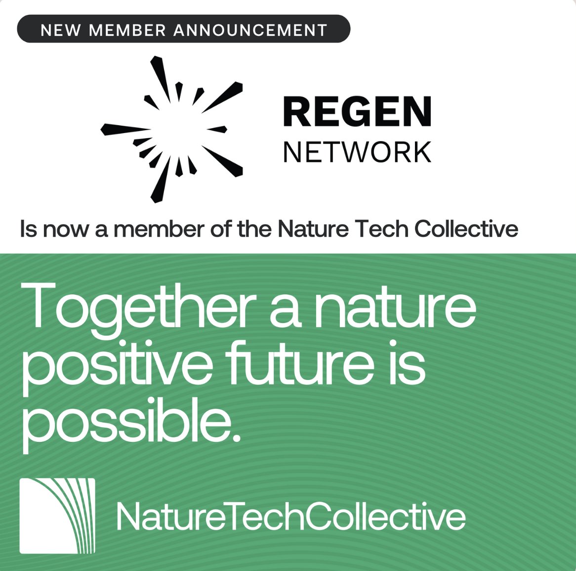 🌍 𝗥𝗲𝗴𝗲𝗻 𝗡𝗲𝘁𝘄𝗼𝗿𝗸 𝗝𝗼𝗶𝗻𝘀 𝘁𝗵𝗲 𝗡𝗮𝘁𝘂𝗿𝗲 𝗧𝗲𝗰𝗵 𝗖𝗼𝗹𝗹𝗲𝗰𝘁𝗶𝘃𝗲

Regen Network is excited to share that we are now a proud member of the Nature Tech Collective — a global community of 180+ nature‑tech innovators committed to building a nature‑positive