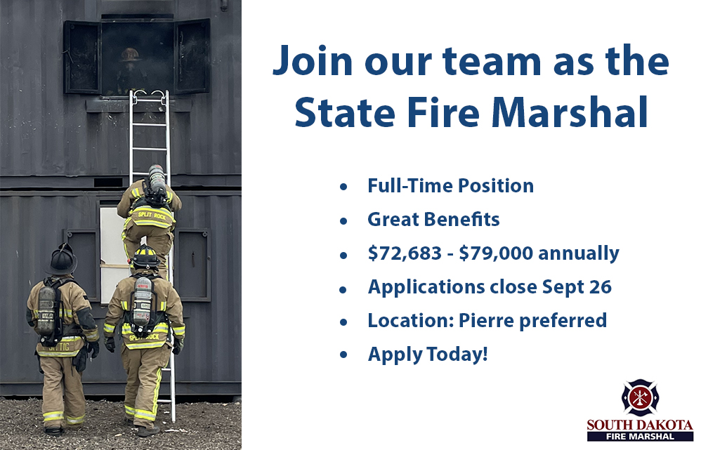 We’re hiring a State Fire Marshal! Lead fire prevention efforts, enforce codes, manage investigations, and represent SD nationally. Applicants must have strong leadership skills, 24/7 availability, and fire service knowledge. Learn more and apply at: shorturl.at/QUn6D.