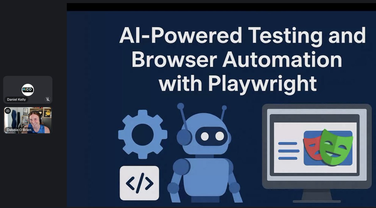 aidd_io's tweet image. 🎙️ LIVE NOW: @debs_obrien is demonstrating how @playwrightweb MCP utilizes AI to enhance browser automation and testing.

See demos of AI filling forms, extracting data, and generating tests from plain language. 🔥

📺 Join her live now:  go.nextgendev.ai/aiddday