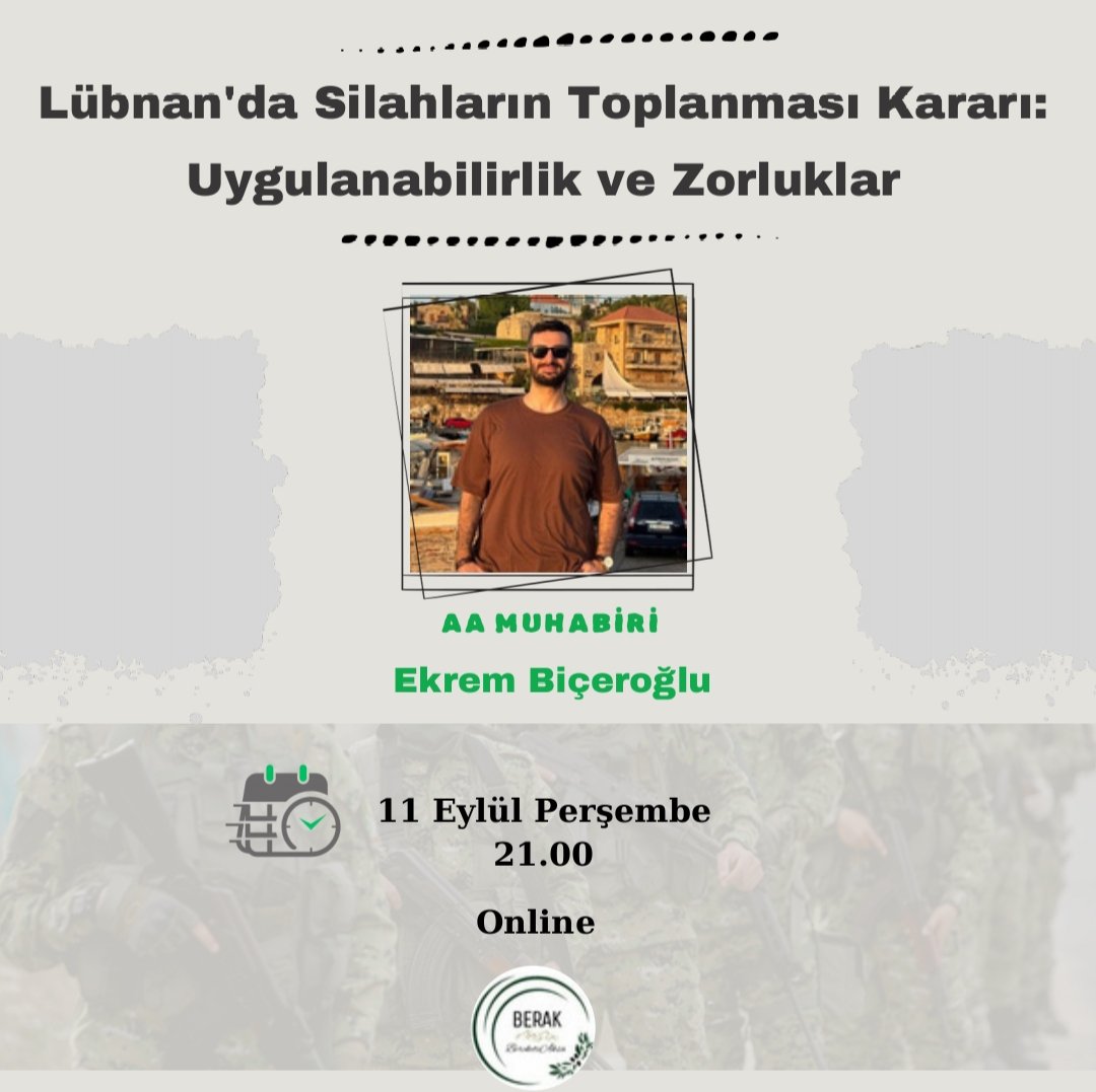 Lübnan’da silahların devletin tekeline alınması süreci kritik bir dönüm noktası. AA Muhabiri Ekrem Biçeroğlu ile gerçekleştireceğimiz programda sürec, grupların pozisyonları ve olası senaryolar ele alınacak.

📅 11 Eylül | 🕘 21.00 

Katılım için : chat.whatsapp.com/EcA0MLkGCNS8q1…