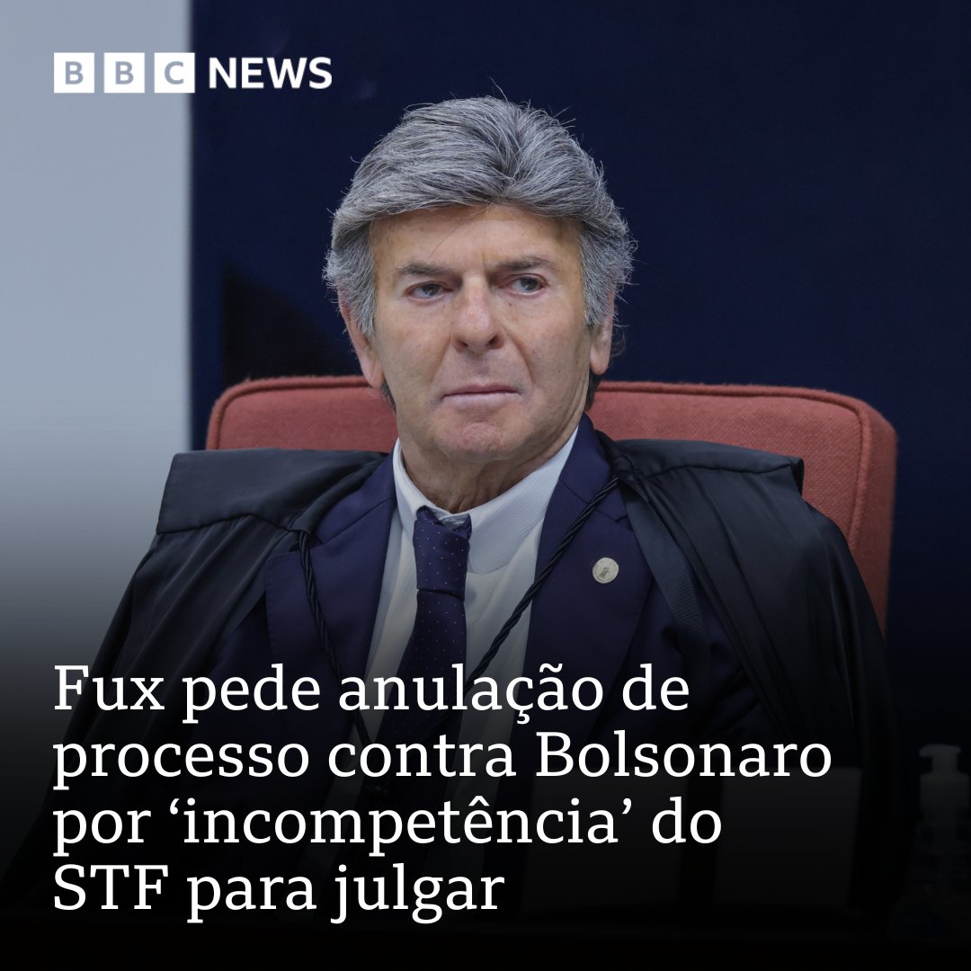 bbcbrasil's tweet photo. Na avaliação de Fux, os réus, entre eles o ex-presidente Jair Bolsonaro, deveriam ser julgados na primeira instância, pois já haviam perdido o foro privilegiado ao deixarem cargos como o de presidente: https://t.co/8JVmQtZBUn https://t.co/6K9MK2e3SH