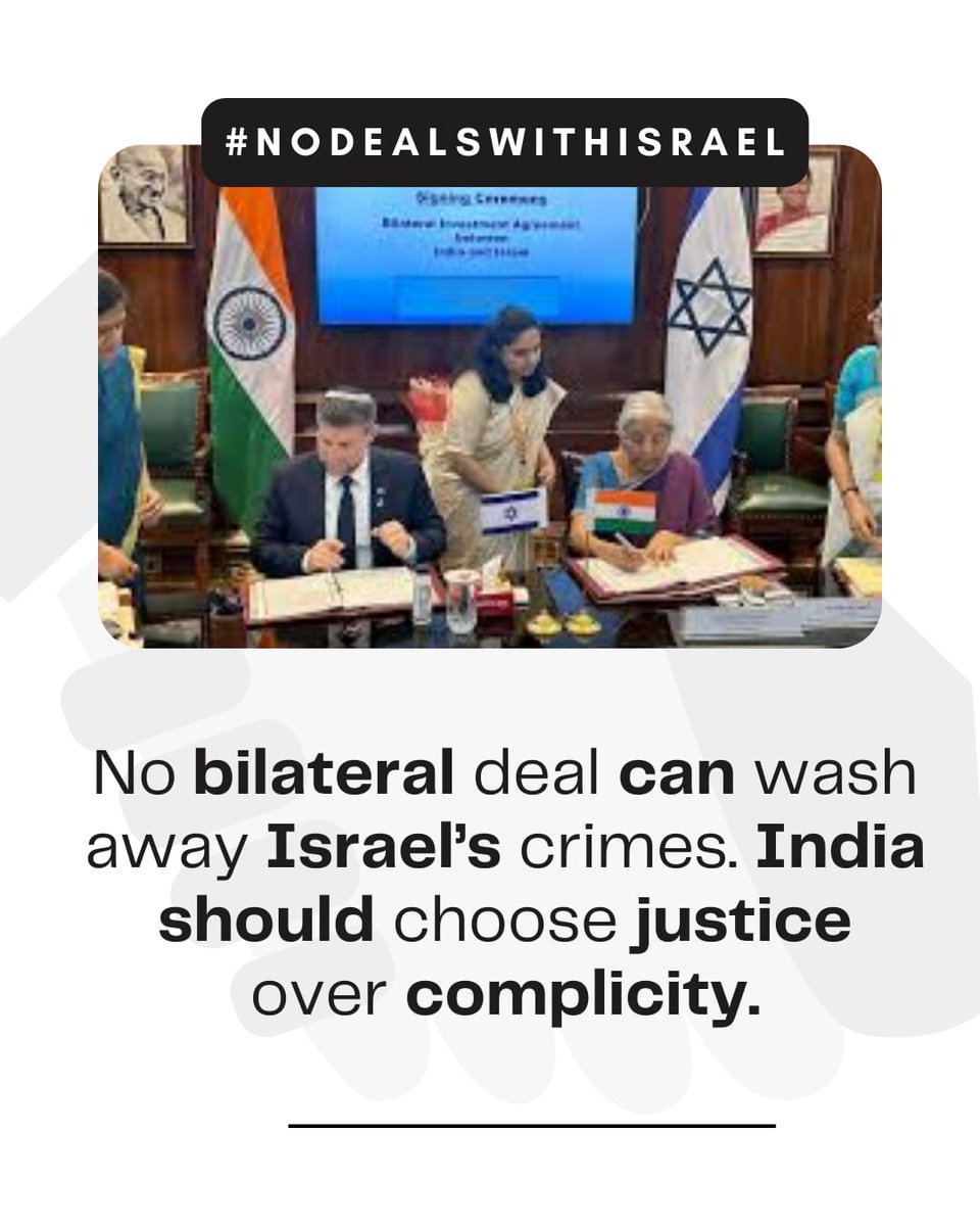 Business with israel is not neutral -it funds bulldozers,bombs and blockades . India's signature on this deal is a stain on it's conscience.we damand justice over profit.
#NoDealsWithIsrael