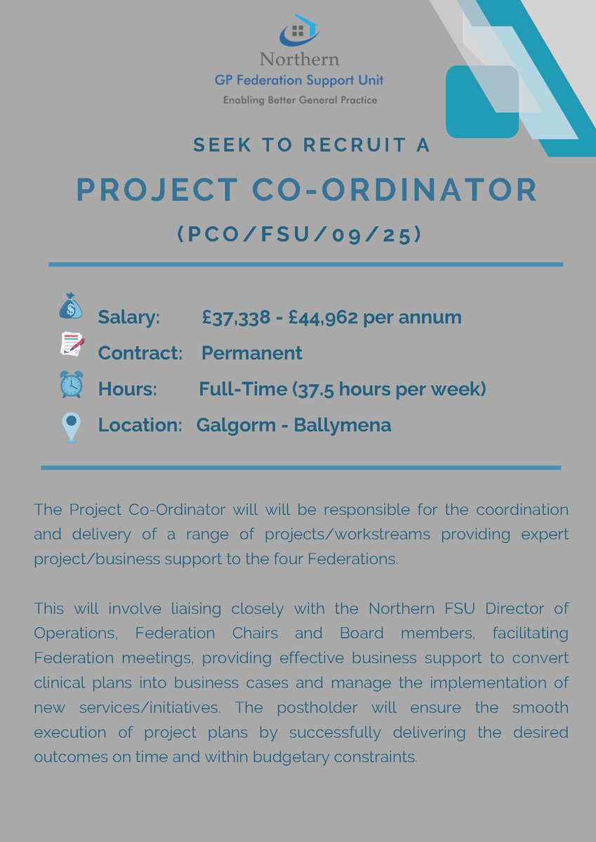 gp_northern's tweet image. 🌟We’re Hiring!

The Northern GP Federation Support Unit is seeking a Project Co-Ordinator to join the team in Galgorm.

Closing Date: 12 noon, Wednesday 24th September 2025

For full details and to download an application pack, visit: northernfsu.co.uk/careers