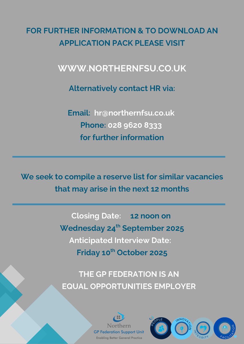 gp_northern's tweet image. 🌟We’re Hiring!

The Northern GP Federation Support Unit is seeking a Project Co-Ordinator to join the team in Galgorm.

Closing Date: 12 noon, Wednesday 24th September 2025

For full details and to download an application pack, visit: northernfsu.co.uk/careers