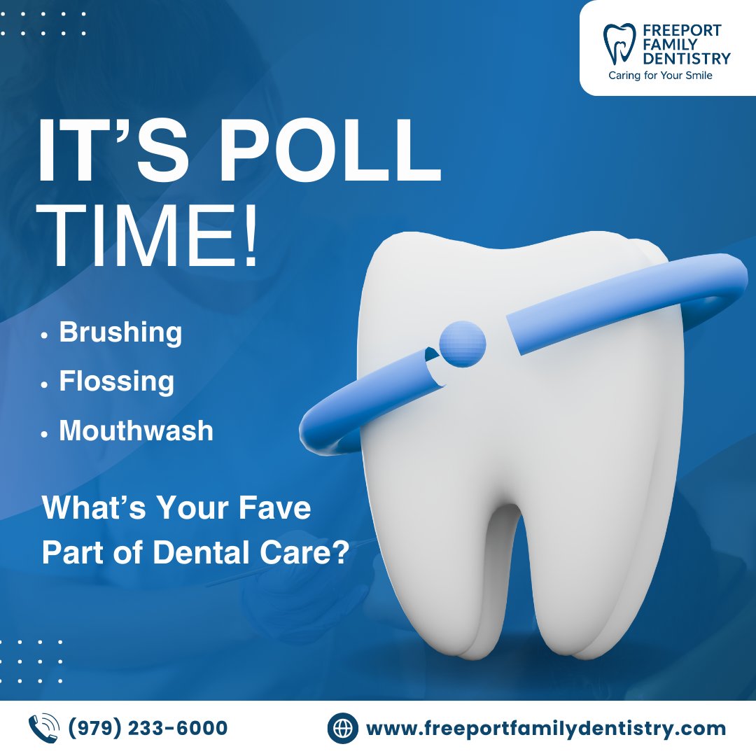 Freeport_family's tweet image. Brushing, flossing, or mouthwash, which one’s your go-to part of your dental routine?
Comment below and let us know your favorite. Let’s see which habit rules our smile squad! 

For more: freeportfamilydentistry.com
#PollTime #DentalRoutine #OralHealth #HealthySmile #ToothTalk