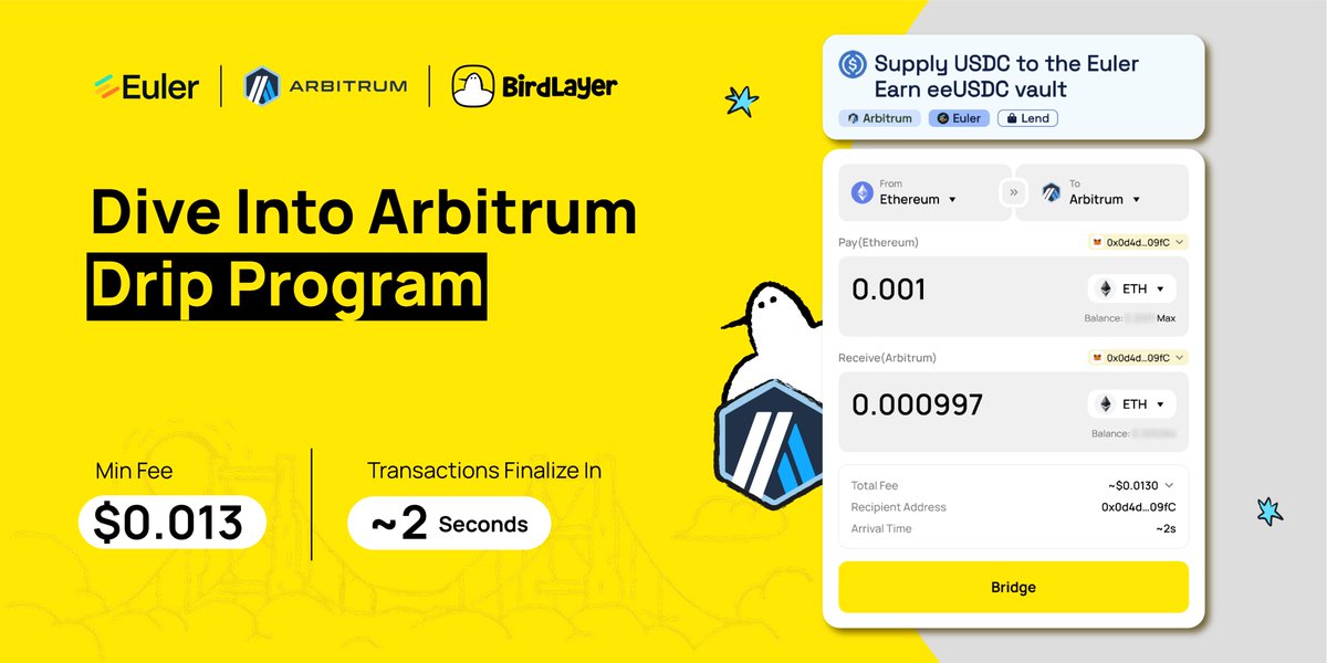 🎉 Ready to dive into DRIP on <a href="/arbitrum/">Arbitrum</a>?

1️⃣ Find a fast bridge: <a href="/BirdLayer/">The Bird</a> 

2️⃣ Find a powerful lending protocol: <a href="/eulerfinance/">Euler Labs</a> 

3️⃣ Find a rewards program: #DRIP

👉 Bridge from here: birdlayer.xyz/bridge/8453-ET…

🔗 Start your DRIP journey: x.com/arbitrum/statu…