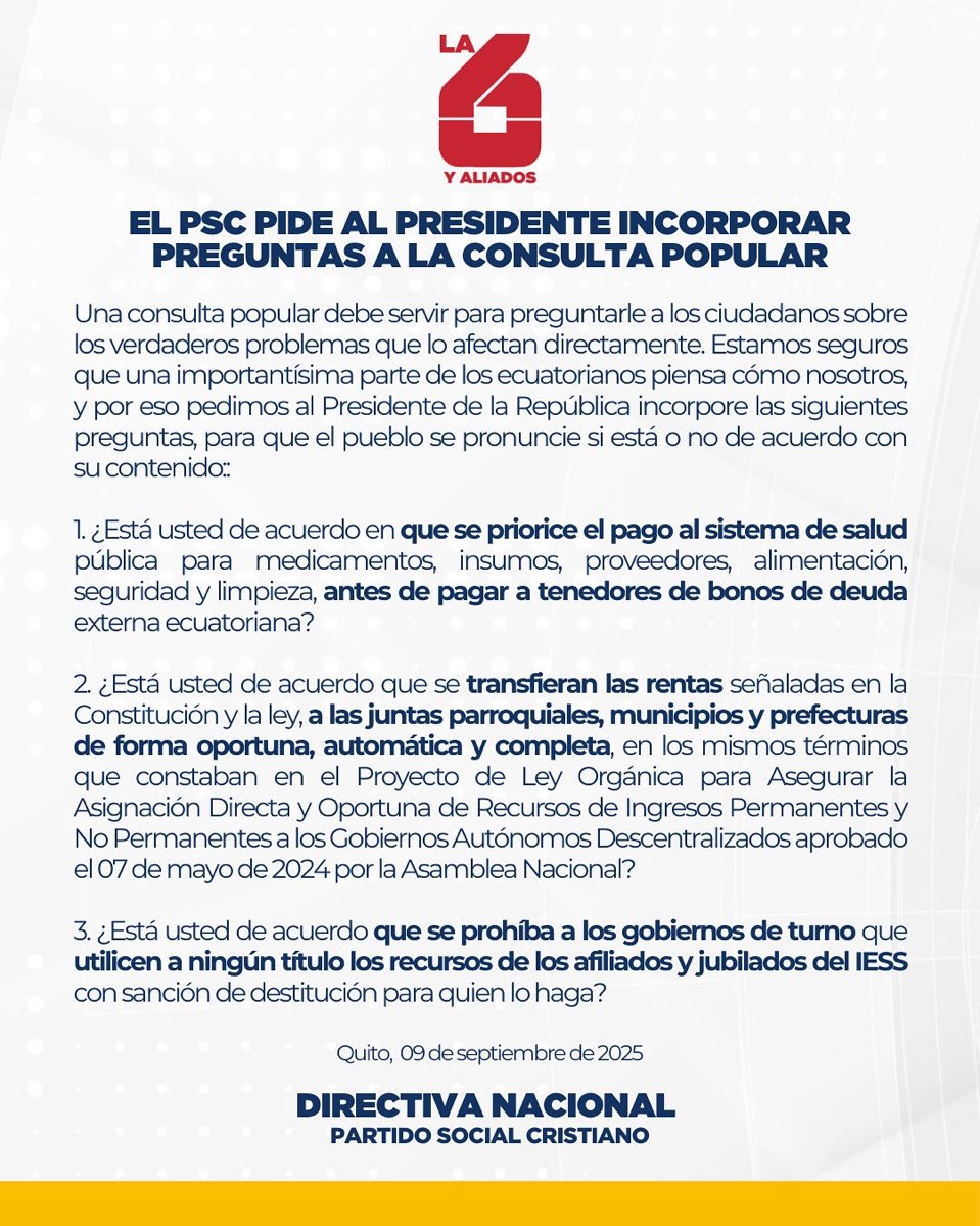 ecuainm_oficial's tweet photo. ‼️#URGENTE
Partido Social Cristiano pide al presidente Noboa incorporar tres preguntas a la consulta popular. https://t.co/NmzO2Q1CCp