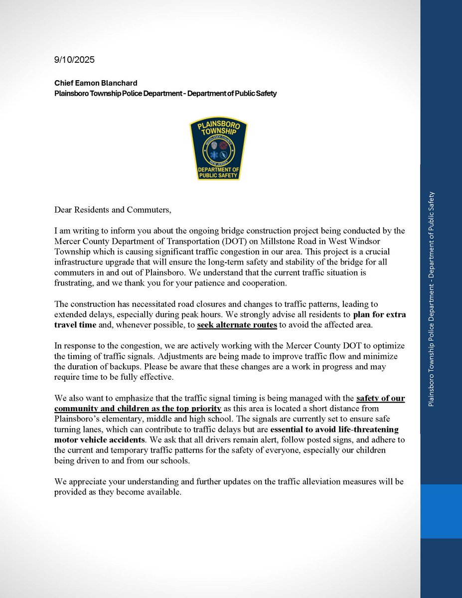 📷 Traffic Project Update 📷
 Please see the attached message from Chief Blanchard regarding the ongoing traffic project on Millstone Road in West Windsor 
Your patience and cooperation are greatly appreciated as we work together to improve safety on our roadways.