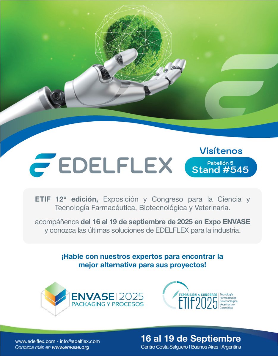 edelflex's tweet image. 𝗘𝗗𝗘𝗟𝗙𝗟𝗘𝗫 en 𝗘𝗡𝗩𝗔𝗦𝗘 – 𝗘𝗧𝗜𝗙 𝟮𝟬𝟮𝟱 🚀
Del 16 al 19 de septiembre participamos en uno de los principales encuentros de la industria farmacéutica, biotecnológica y veterinaria.

📍 Pabellón 5, Stand #545