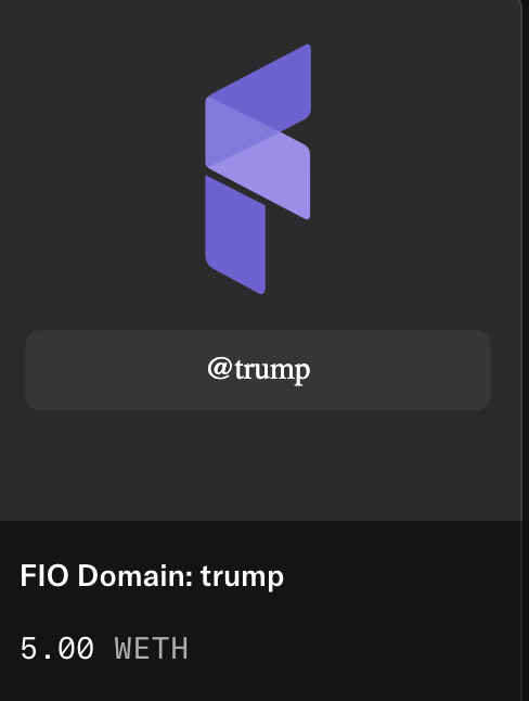 He is back and renewed until 2047! 
#Trump TLD (fio. net,@ joinfio)  
Endless #Crypto handles e.g   
x@trump   
donald@trump  
etc   
Works with all major wallets and every #Blockchain #NFT #Domains $TRUMP #Bitcoin #BTC #MAGA #wlfı $WLFI
opensea.io/item/matic/0x3…