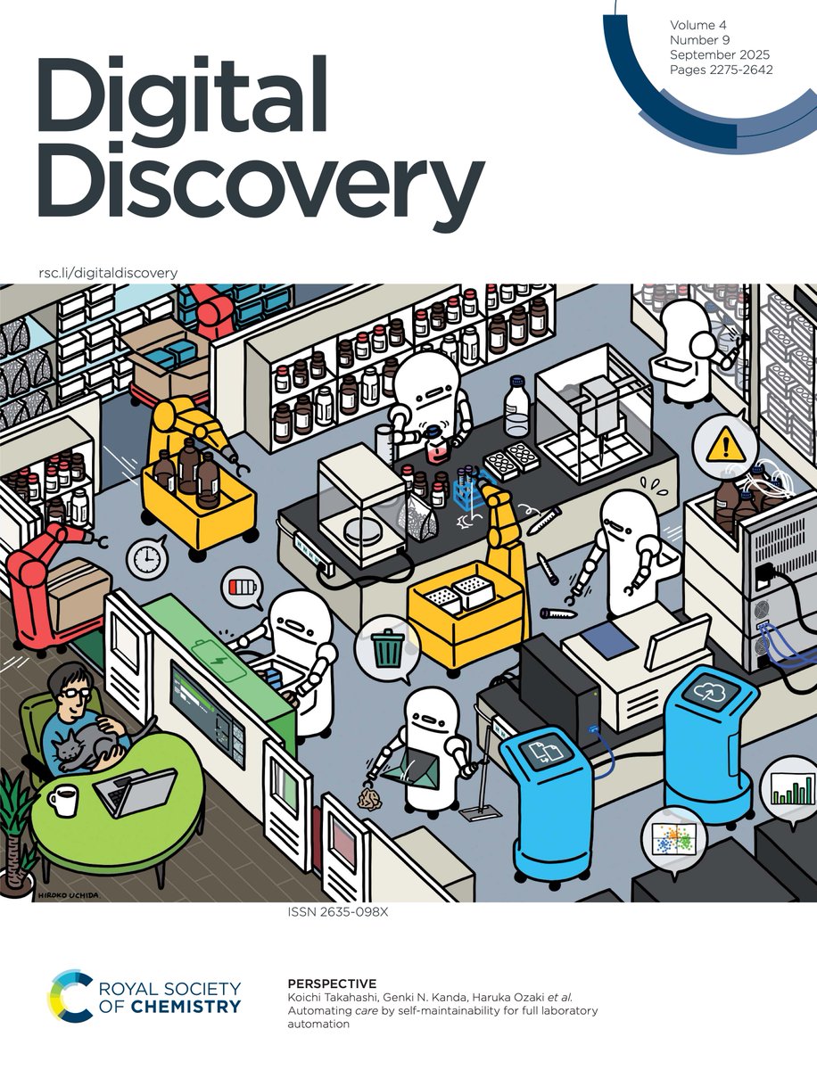 次世代の自動実験室の新たな設計思想を提案した論文（Ochiai et al. 2025）がDigital Discoveryの表紙を飾りました！

AIとロボットが裏方作業まで行い実験室全体が自動化される🤖
（研究者は実験室の外）

そんな未来像をウチダヒロコさん <a href="/ucchy_v4/">ウチダヒロコ</a> にとても素敵なイラストに描いていただきました🙇