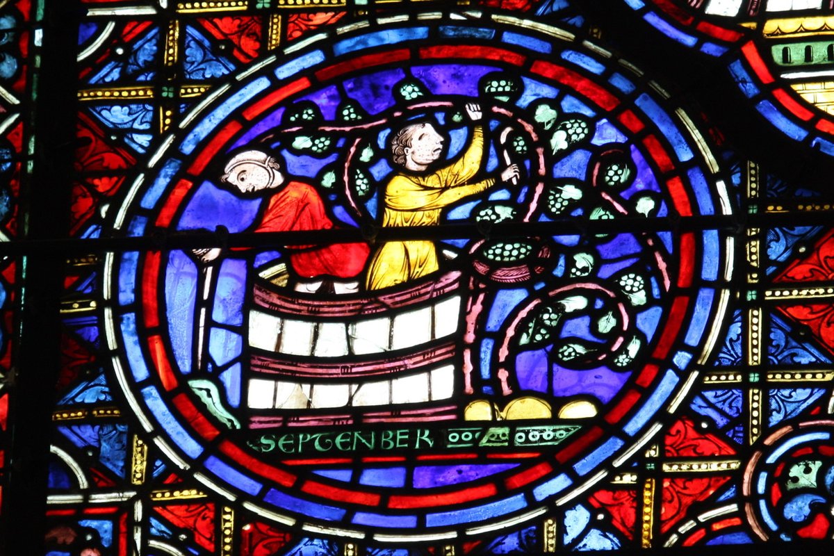 SEPTEMBRE - LES VENDANGES ET LE FOULAGE
Zodiaque et Travaux des mois, 1217/20 - Cathédrale de Chartres
L'activité d'automne (signe de la balance) débute avec les vendanges.  S'ensuivra le début de la vinification avec le foulage du raisin aux pieds.
musee-virtuel-vin.fr/vitraux