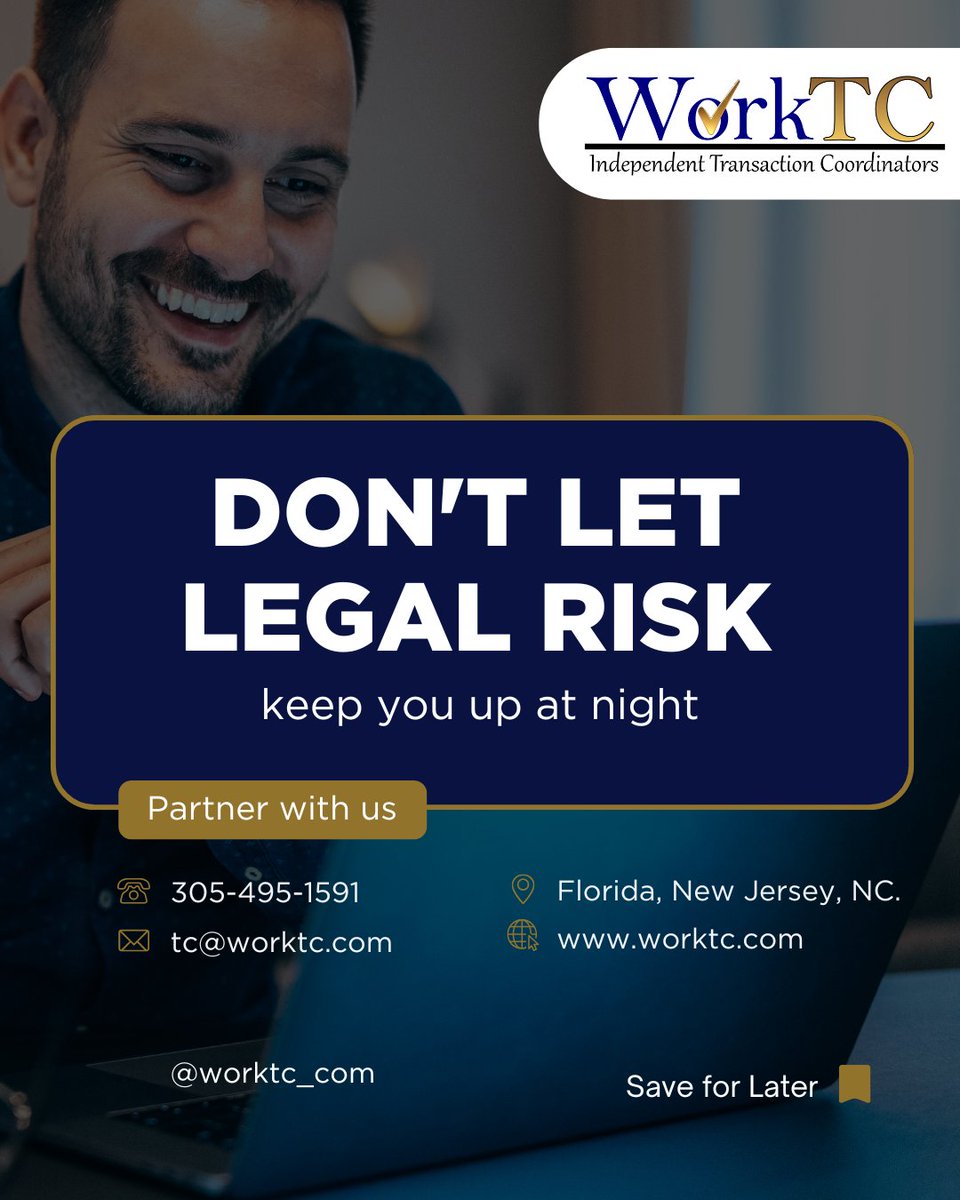 WorkTC_com's tweet image. 🛡️ Is legal risk keeping you up at night? Your WorkTC TC is your shield.

✅ Flawless docs.
⏰ Secure deadlines.
🔎 Legal compliance.

Protect your business and your peace of mind!
📞 Call 305-495-1591.

#LegalRisk #RealEstateLaw #TCProtection #WorkTC #RiskMitigation