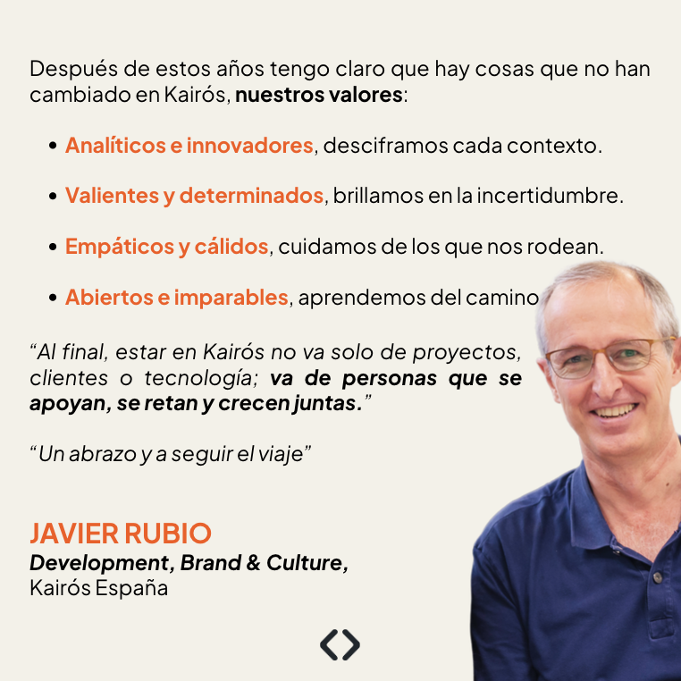 WeAreKairos_'s tweet photo. ✨ Cada año que cumplimos es también una oportunidad para mirar atrás y recordar lo que nos ha traído hasta aquí: las personas.

Hoy compartimos el viaje de Javi, que nos cuenta su experiencia a lo largo de estos años.

🔗 Post completo en el #BlogKairós: https://t.co/bWl8csLaLK https://t.co/nllVSP0VOc