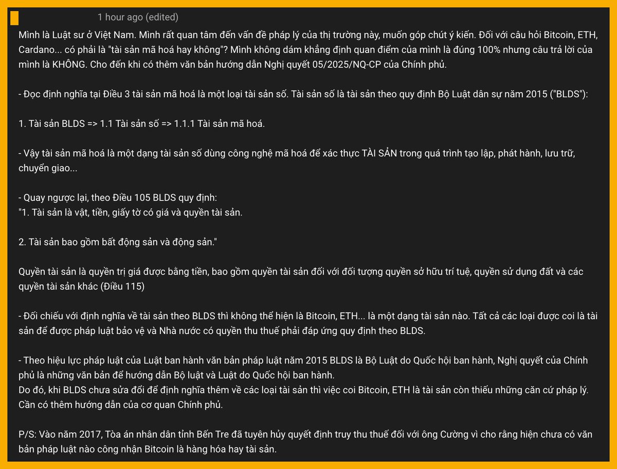 Đây là chia sẻ của một bạn trong phần bình luận trên kênh, về việc liệu Bitcoin/Crypto có được xếp vào "tài sản mã hoá" và có thuộc phạm vi điều chỉnh của Nghị quyết đã được công bố hay không?