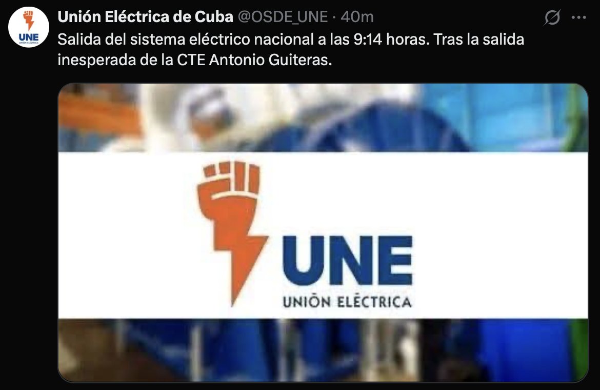 ⚠️Apagón eléctrico⚠️

1⃣Reciente apagón eléctrico que afecta la conectividad en toda la isla. Iniciaremos el monitoreo en tiempo real del estado del Internet en Cuba🇨🇺.   

A las 9:14 AM (10-sept-2025), según la Unión Nacional Eléctrica, se anunció la desconexión del SEN.🇨🇺