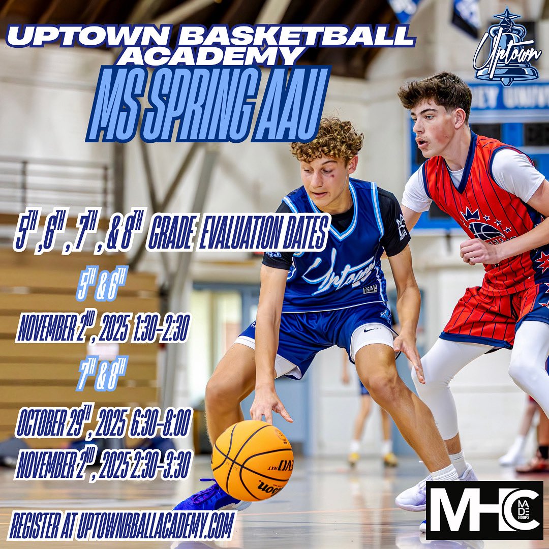 🚨Middle School Spring AAU Tryouts 🚨

✏️5th, 6th, 7th, &amp; 8th Graders

📆 October 29th &amp; November 2nd 

Register Today to join the Uptown Family