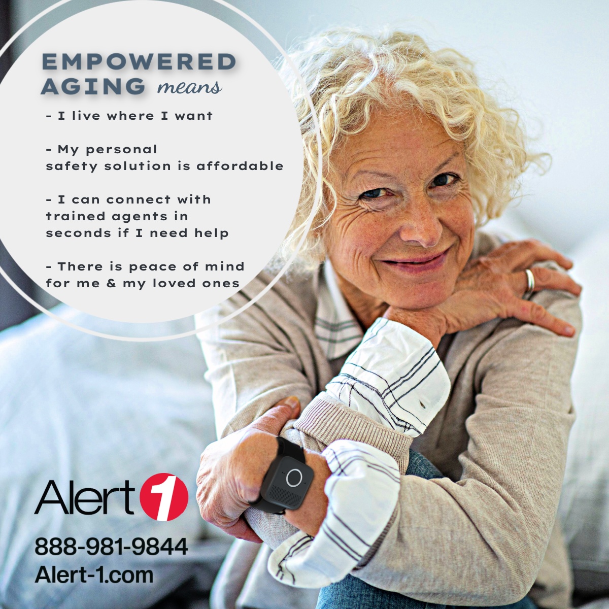 Alert1MedAlert's tweet photo. Empowered aging is #aging at its best. Call Alert1 at 888-981-9844 to learn about our 24/7 personal safety alert devices. https://t.co/V98udhFltC