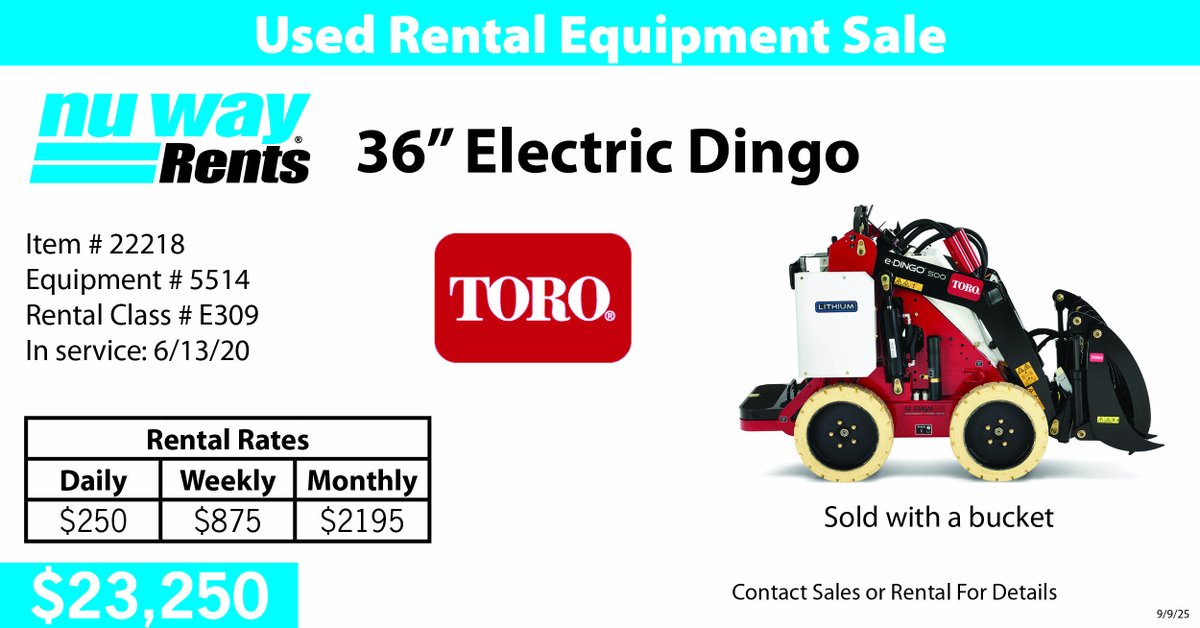 It’s your Swiss Army knife for construction and landscaping crews—compact, strong, and environmentally friendly! Nu Way now has a 36" TORO  Electric Dingo available for rent or sale! Call, text, or stop by for details!  #nuwayinc #nuwayrents #nuwayfab #everythingforthecontractor