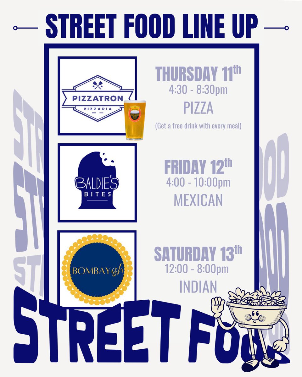 🤩 This Week’s Street Food Line Up Is Here! 🤩

Pop down, enjoy some great food and unwind with a beer. Cheers! 🍻