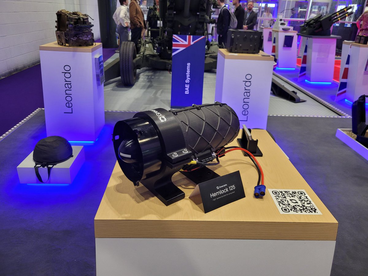 Electric jet engine &amp; electric powered Kestrel drone interceptor from UK's Green jets. Mach .8, super quiet, no thermal signature &amp; most importantly very affordable to create combat mass. #DSEI2025 #DSEIv