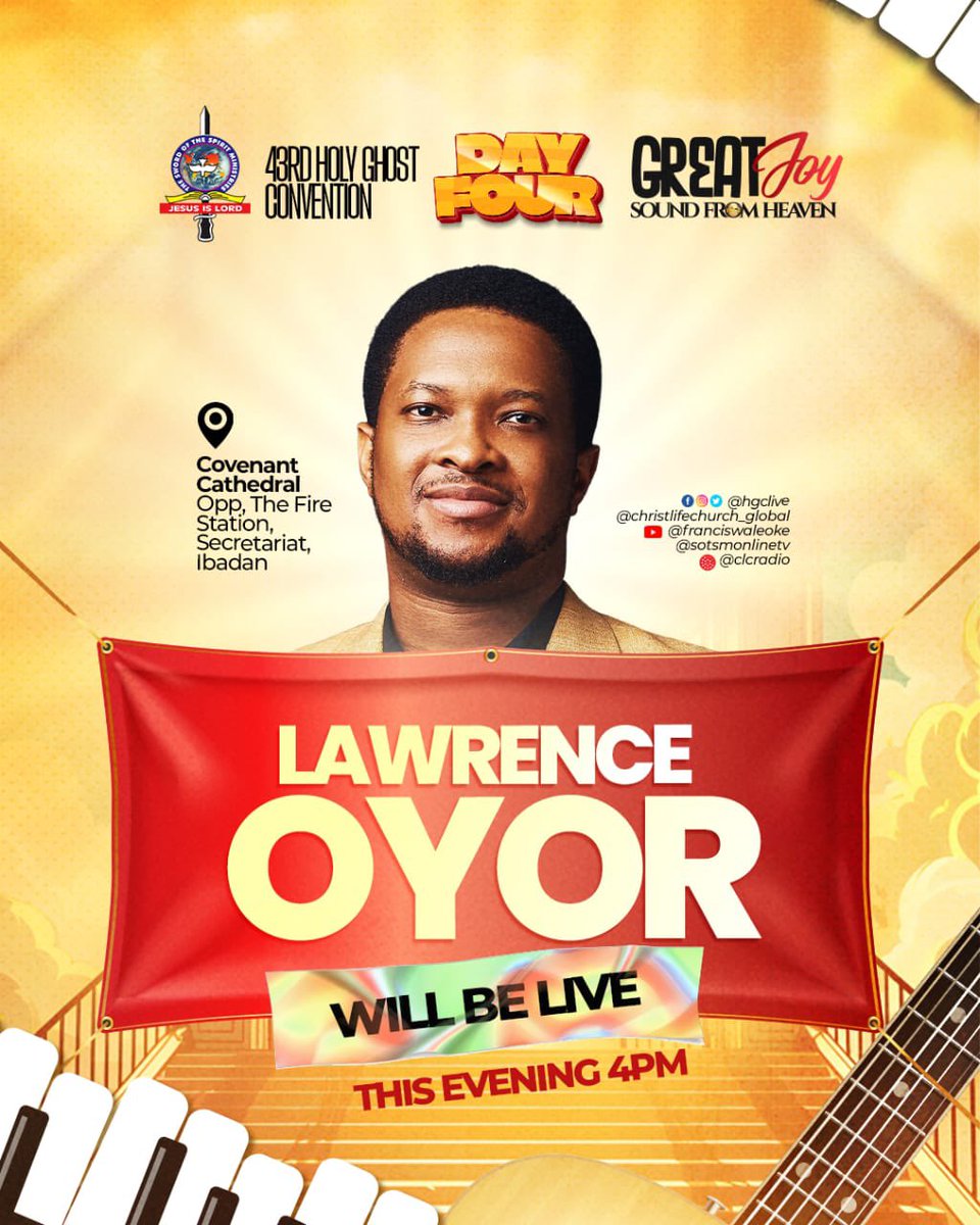 HGClive's tweet photo. Join us for an unforgettable encounter this evening with our special guest Pastor Lawrence Oyor.
#Day4
#hgc2025
#holyghostconvention
#greatjoy #soundfromheaven
#onemillionsoulsforchrist https://t.co/5OzK0kiSPN