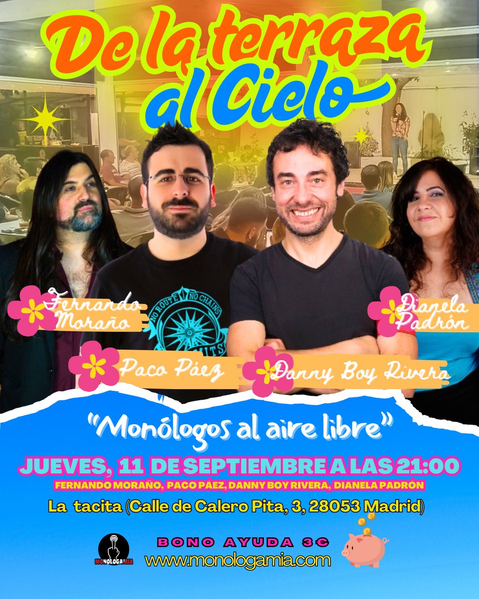 Este jueves 11/09 tenemos un pedazo de cartel en el "Centro Social Entrevías" 
Ya estamos llegando al final de la temporada ¡Así que no te lo pierdas! 
<a href="/DannyBoyRivera/">Danny Boy-Rivera</a> Paco Páez <a href="/MORYEAR/">Fernando Moraño</a> y <a href="/DianeMav/">Dianela Padrón</a> y alguna sorpresa 🙌 
3€ Bono ayuda ⛑️ lleva metálico que no tenemos datáfono ❌