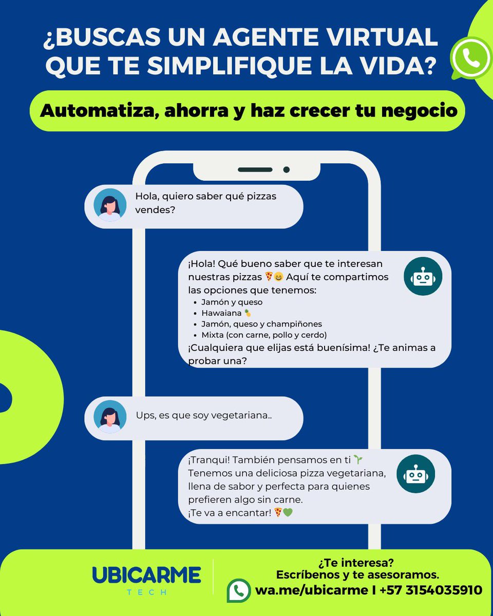 Ubicarme's tweet photo. 🚀 Automatiza tu negocio y vendé más sin estar todo el día conectado

Con un agente virtual, puedes atender a tus clientes, tomar pedidos o agendar citas.

Escríbenos y te contamos cómo podemos ayudarte 📲 https://t.co/HMIaQOym57💬

#asistentevirtual #clientesfelices  #WhatsApp https://t.co/hL77JWIIWc