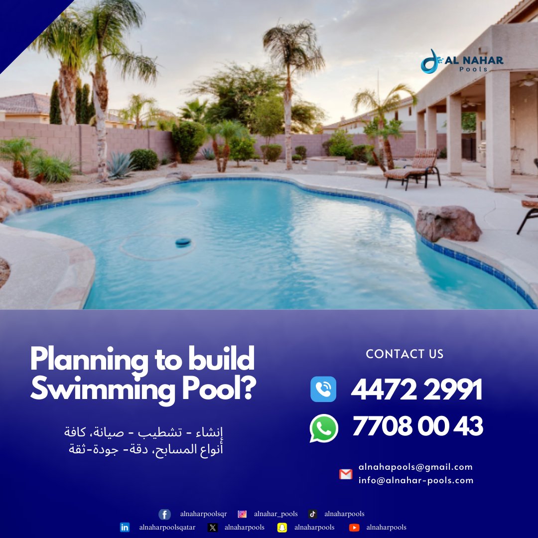 alnaharpools's tweet image. 🏊‍♂️ Expert Swimming Pool Construction Services 🏗️

Contact us today for a free consultation! 
📞 447 22 991 7708 0043
📩 info@alnahar-pools.com
📩 alnaharpools@gmail.com

 #swimmingpools #swimmingpoolconstruction #swimmingpoolcontractor #swimmingpoolcleaning #dohaqatar #qatar🇶🇦