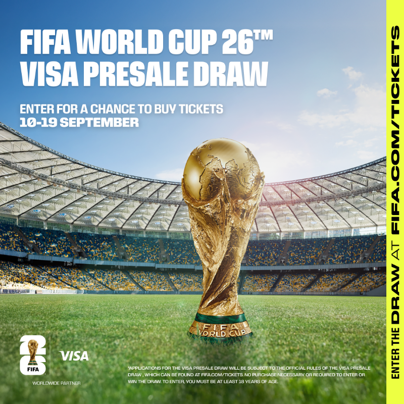 FIFAWorldCup's tweet photo. Your journey to the #FIFAWorldCup starts here! 🌍⚽ 
 
Open to Visa cardholders 18+.
No purchase necessary.
Enter Sept 10–19 via link below.

Winners allocated a time slot to buy tickets (subject to availability) with a Visa card.