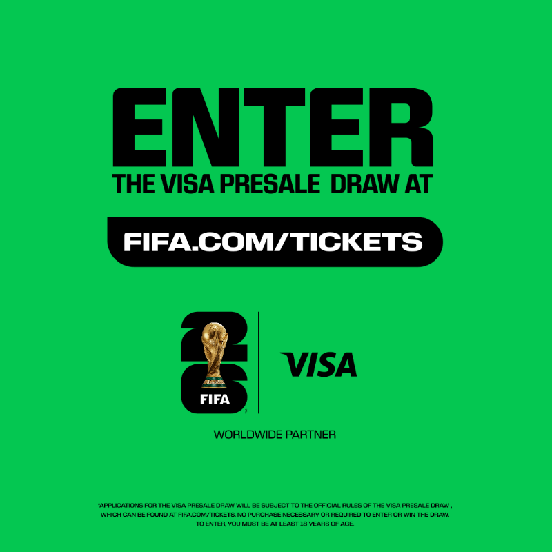 FIFAWorldCup's tweet photo. Your journey to the #FIFAWorldCup starts here! 🌍⚽ 
 
Open to Visa cardholders 18+.
No purchase necessary.
Enter Sept 10–19 via link below.

Winners allocated a time slot to buy tickets (subject to availability) with a Visa card.