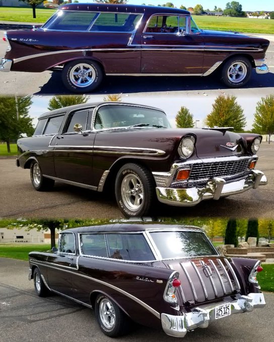 Three views of a classic Chevrolet station wagon. The car is dark maroon with chrome accents, featuring a two-tone paint scheme. It has whitewall tires and a sleek, vintage design with a spacious rear cargo area.
