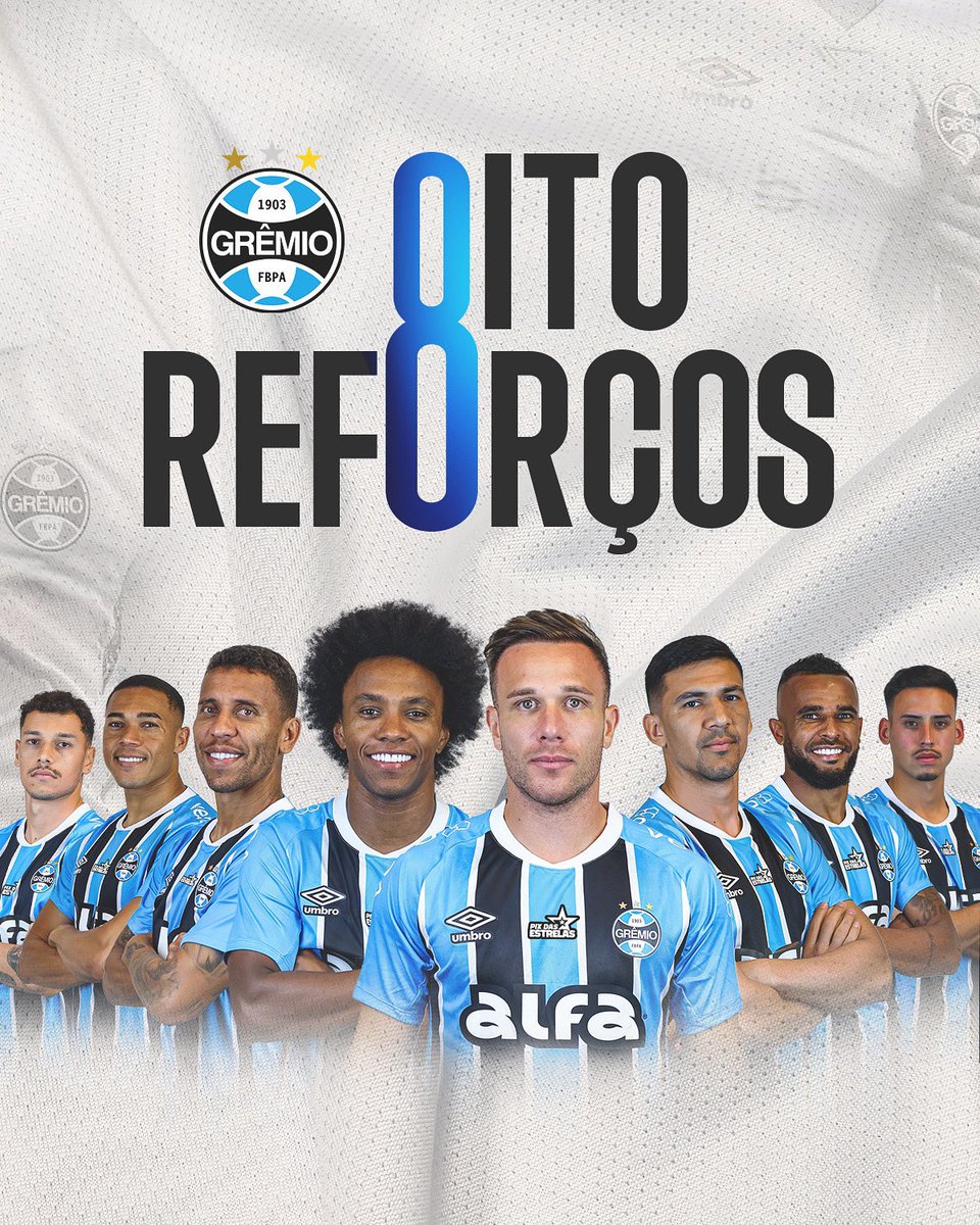futebol_info's tweet photo. A janela de meio do ano do Grêmio, com 8 reforços:

- Enzo
- Carlos Vinícius
- Marcos Rocha
- Willian
- Arthur
- Balbuena
- Alex Santana
- Erick Noriega

Boa janela?

📸 GFBPA
