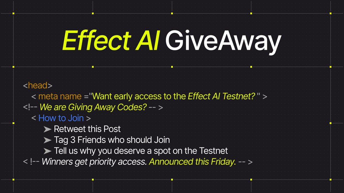 effectaix's tweet image. Want early access to the Effect AI Testnet? 👀

We are giving away codes. How to join?

➤ Retweet this post
➤ Tag 3 friends who should join
➤ Tell us why you deserve a spot on the testnet

Winners get priority access. Announced this Friday.