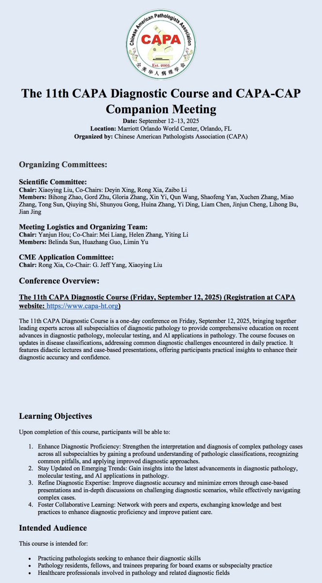 The 11th Annual CAPA Diagnostic Course is around the corner! We’re thrilled to welcome attendees to Orlando on Sept 12–13 for two days of cutting-edge updates, case-based discussions, and expert-led lectures across all pathology subspecialties. Agenda &amp; details below #PathTwitter