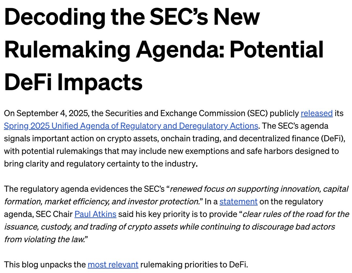 Gavin Zavatone (@glzavatone) on Twitter photo 🚨 Last week, Chair <a href="/SECPaulSAtkins/">Paul Atkins</a> unveiled the <a href="/SECGov/">U.S. Securities and Exchange Commission</a> unified agenda on upcoming crypto regulation—A pivotal step for the future of DeFi in the U.S.
Key highlight: the SEC is moving to establish a DeFi Innovation Safe Harbor within the securities framework—bringing 🚨 Last week, Chair <a href="/SECPaulSAtkins/">Paul Atkins</a> unveiled the <a href="/SECGov/">U.S. Securities and Exchange Commission</a> unified agenda on upcoming crypto regulation—A pivotal step for the future of DeFi in the U.S.
Key highlight: the SEC is moving to establish a DeFi Innovation Safe Harbor within the securities framework—bringing