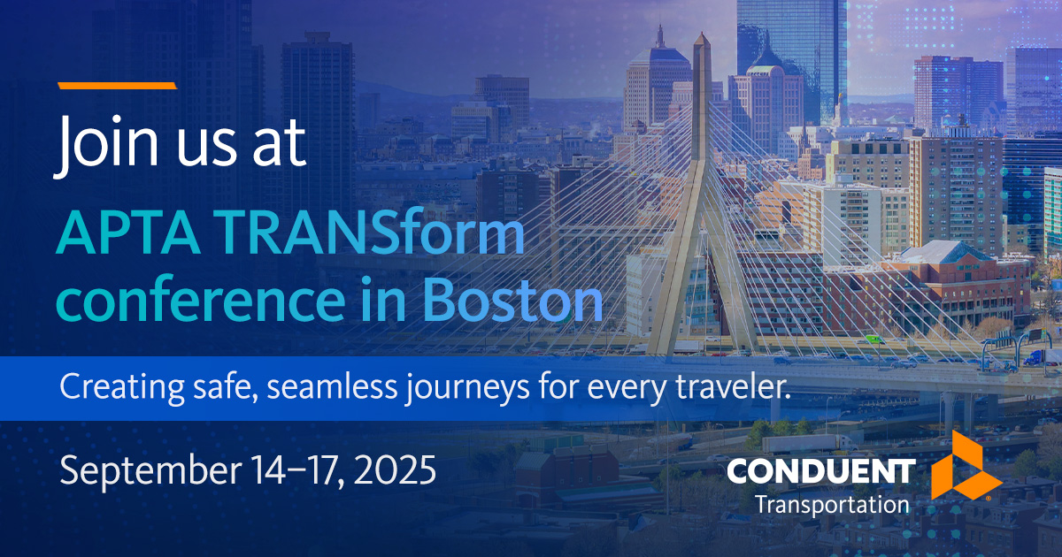 Conduent's tweet image. Join us at #APTA this September in Boston. As we continue advancing #mobilitysolutions, our focus remains clear: creating safe, seamless journeys for every traveler. Learn more: bit.ly/3KcdVme