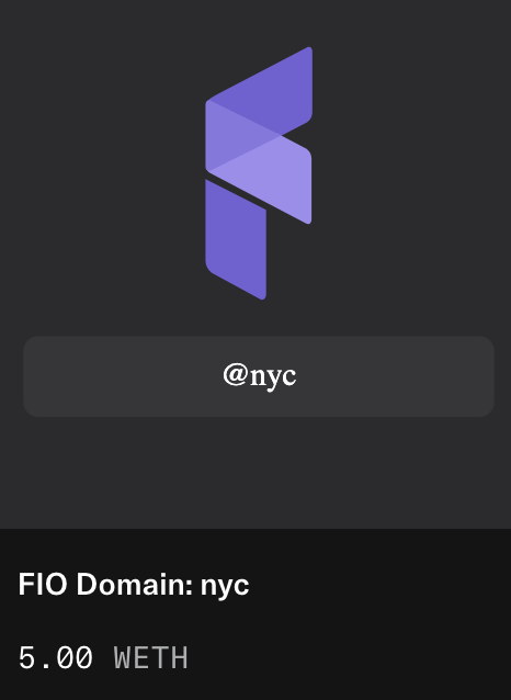 <a href="/SNSBot_/">SNS Bot</a> <a href="/sns/">sns.sol</a> Better than .sol version!  
Renewed until 2045   
#NYC TLD (fio. net,@ joinfio)  
Endless #Crypto handles e.g   
x@nyc   
john@nyc  
etc  
Works with all major wallets and every #Blockchain #NFT #Domains #NewYork #Bitcoin #BTC #eth opensea.io/item/matic/0x3……