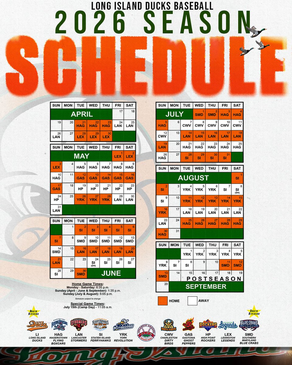 LIDucks's tweet photo. Our 2026 schedule just dropped! 🗓️

We'll begin our 26th season of play in the @AtlanticLg on Tuesday, April 21st, at home against the Hagerstown Flying Boxcars! Get ready for more exciting baseball, fireworks and #GoodTimesEveryTime!

📰: https://t.co/n2gpHyCJIh https://t.co/d2l4q0Bw0f