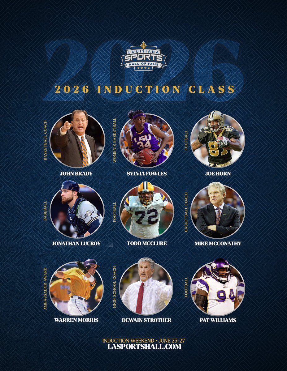 LaSportsHall's tweet image. Big news! The Louisiana Sports Hall of Fame Class of 2026 has been announced.

See the full lineup ➡️ lasportshall.com/2025/09/10/lou…

#lshof #louisiana