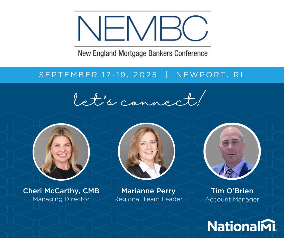 National MI will be attending the New England Mortgage Bankers Conference on September 17-19 in Newport, RI. If you’re planning to attend, connect with Cheri McCarthy, Marianne Perry, and Tim O'Brien! 👋 #NationalMI #NEMBC #NEMBC25