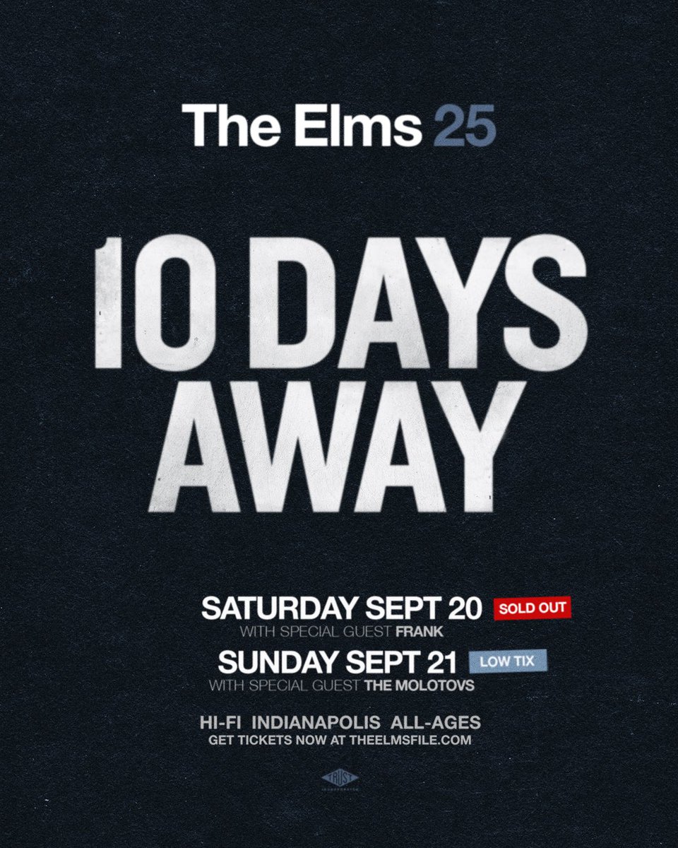WHAT?! 10 DAYS AWAY?! We can't believe #THEELMS25 shows are NEXT WEEKEND! We're ecstatic to see all your faces, and to play these songs once again. Snap up the final Sunday Sept 21 tix here: tixr.com/e/140493