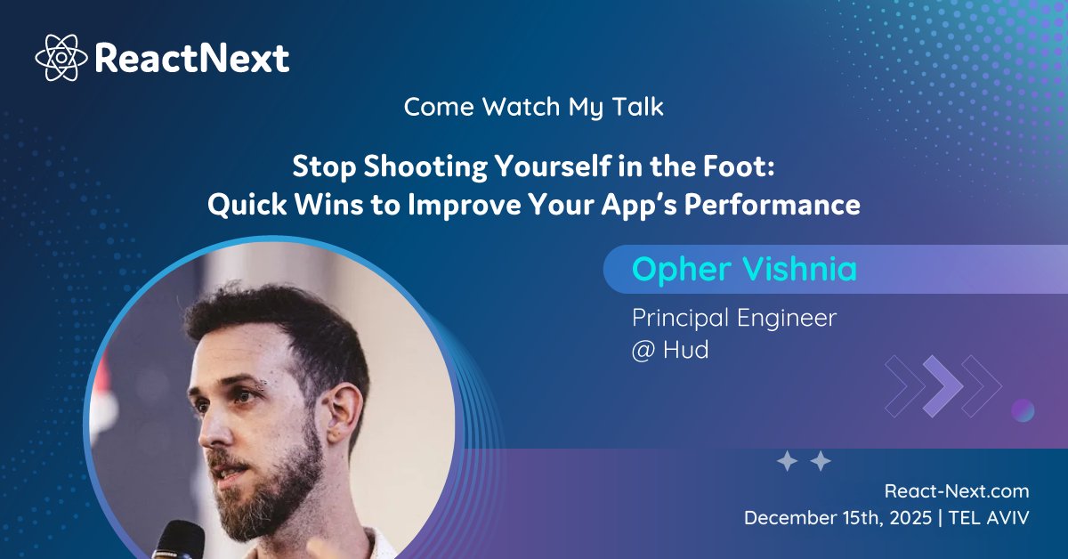 ReactNext's tweet image. We’re excited to announce that Opher Vishnia, Principal Engineer at Hud, is speaking at ReactNext 2025! 🚀

📅 December 15th, 2025 | Tel Aviv

Don’t miss it!
🔗 React-Next.com

#ReactNext #TechConference