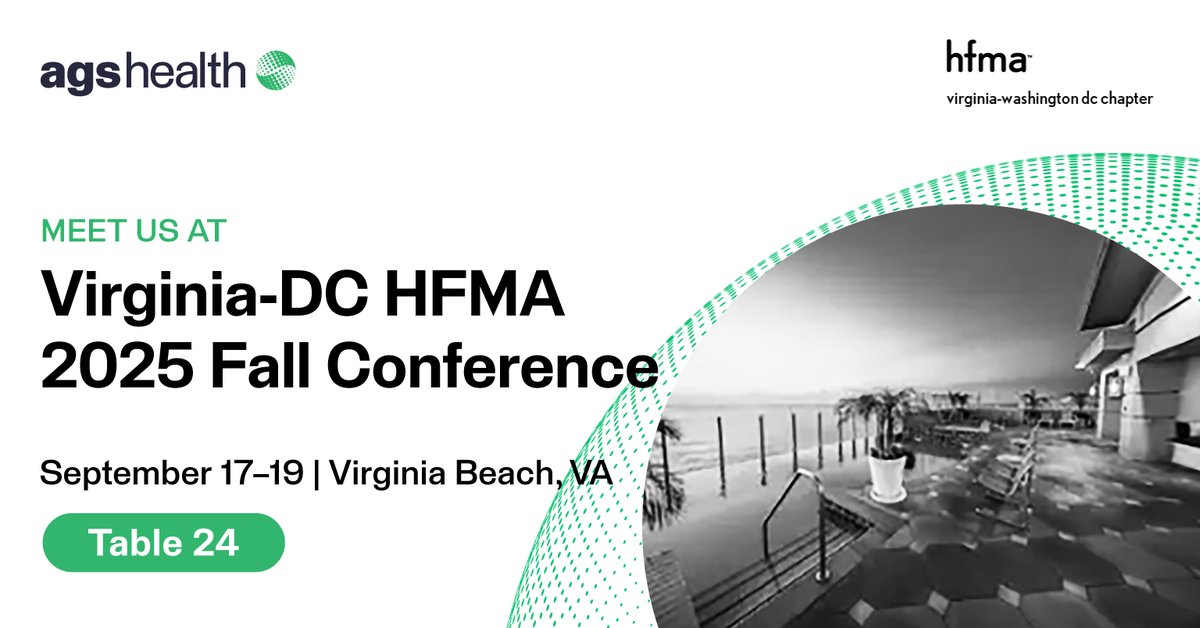 AGS Health is proud to exhibit at the Virginia-DC HFMA 2025 Fall Conference, Sept 17–19 at the Hilton Virginia Beach Oceanfront. Visit us at Table 24 to talk revenue cycle efficiency, denial reduction, and sustainable growth. hubs.la/Q03HmT4K0