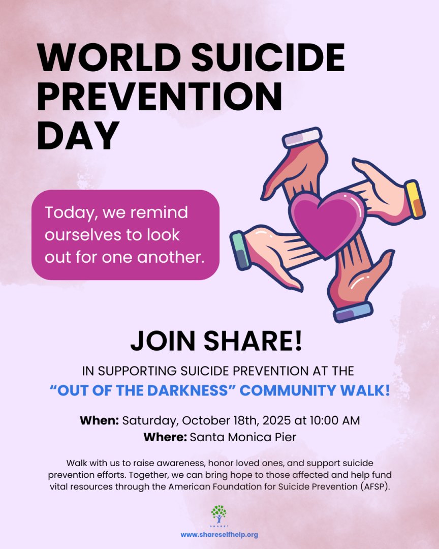shareselfhelp's tweet photo. Today is #WorldSuicidePreventionDay.

Join SHARE! at the #OutOfTheDarkness Community Walk to honor loved ones and stand together for suicide prevention on Sat, Oct 18, 2025, 10 AM at the Santa Monica Pier. Info: https://t.co/VmcveSRWAA

#ShareSelfHelp #WalkForHope #WSPD #WSPD2025 https://t.co/DOObcjSfpb