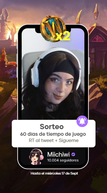 🌷 ¡SORTEO DE WORLD OF WARCRAFT! ☁️ 

♡ Con motivo de haber alcanzado los 10.000 seguidores en Twitch, como agradecimiento, podrás ganar 2 MESES de tiempo de juego y continuar tus aventuras gratis🎮

Para participar:
1️⃣ Sígueme  <a href="/miichiwi/">r 𓆩ᗢ𓆪 ☁️</a> 
2️⃣ Dale RT a este tweet
🗓️ Finaliza el