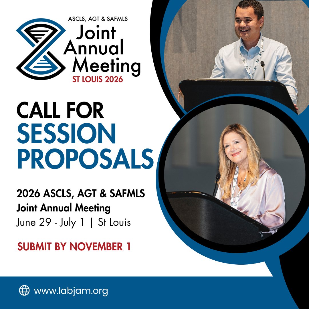 Be a voice that inspires 600+ #MedicalLaboratory professionals! The 2026 ASCLS, AGT &amp; SAFMLS Joint Annual Meeting Steering Committee is seeking session proposals for next year's meeting, presented June 29-July 1 in St Louis. Deadline: Nov 1.

#IamASCLS #Lab4Life #LabJAM
