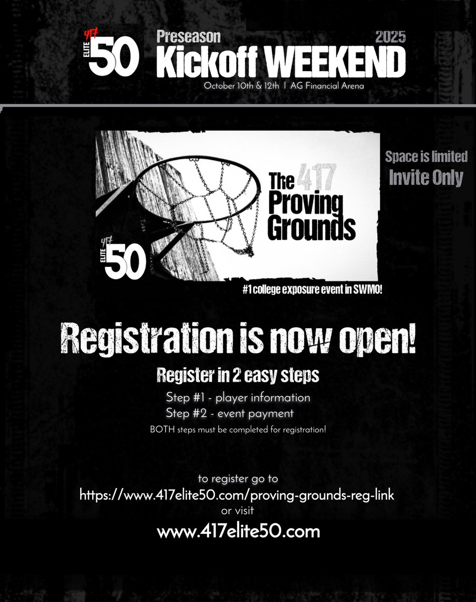 🚨GIRLS PROVING GROUNDS INVITES🚨

SPACE IS LIMITED
🗣️When you have already completed the 2 step registration you will be added to the event roster.
🗣️ DON’T WAIT UNTIL THE LAST MINUTE! 

417elite50.com/proving-ground…