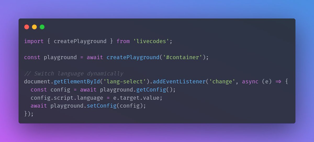 livecodes_io's tweet image. 🔄 Update playground configuration dynamically

⚡️ Build dynamic code editors!

#LiveCodes #SDK #DynamicConfig #Runtime #Interactive